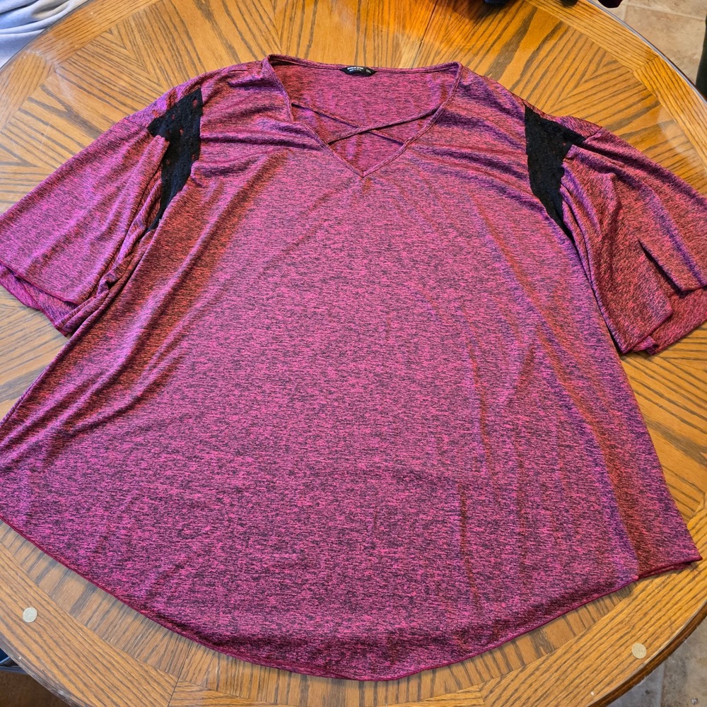SHEIN Curve 5XL Pink‎ Marled Top Lace Shoulder Criss Cross Neck Plus Size